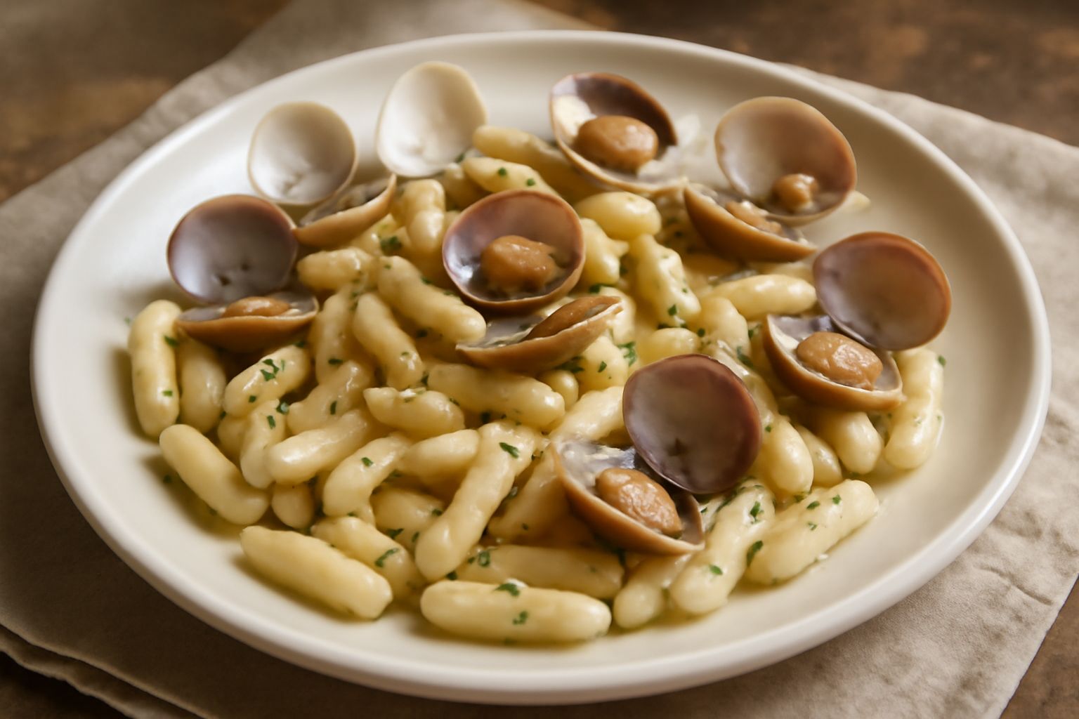 Cavatelli con le vongole in piatto bianco: pasta corta rugosa di colore avorio, condita con vongole aperte beige e rosa, olio d'oliva lucido, aglio sminuzzato e prezzemolo verde brillante sparse sopra