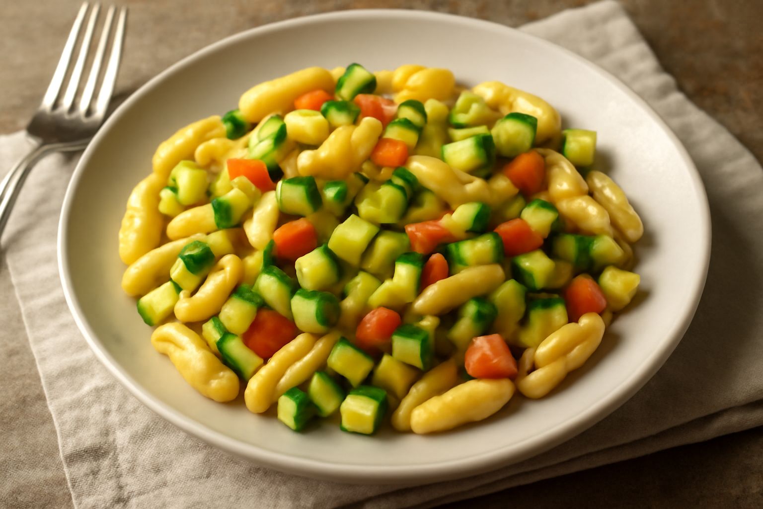 Piatto di cavatelli bianchi rigati con zucchine verdi tagliate a dadini, pomodori rossi, basilico fresco verde e olio d'oliva, servito su piatto bianco con forchetta