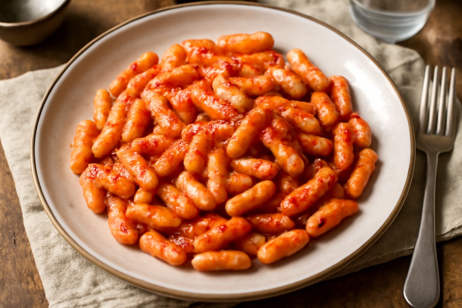 Piatto di cavatelli bianchi con sugo di pomodoro rosso vivo, guarniti con foglia di basilico verde fresco e gocce di olio d'oliva, serviti in ciotola bianca