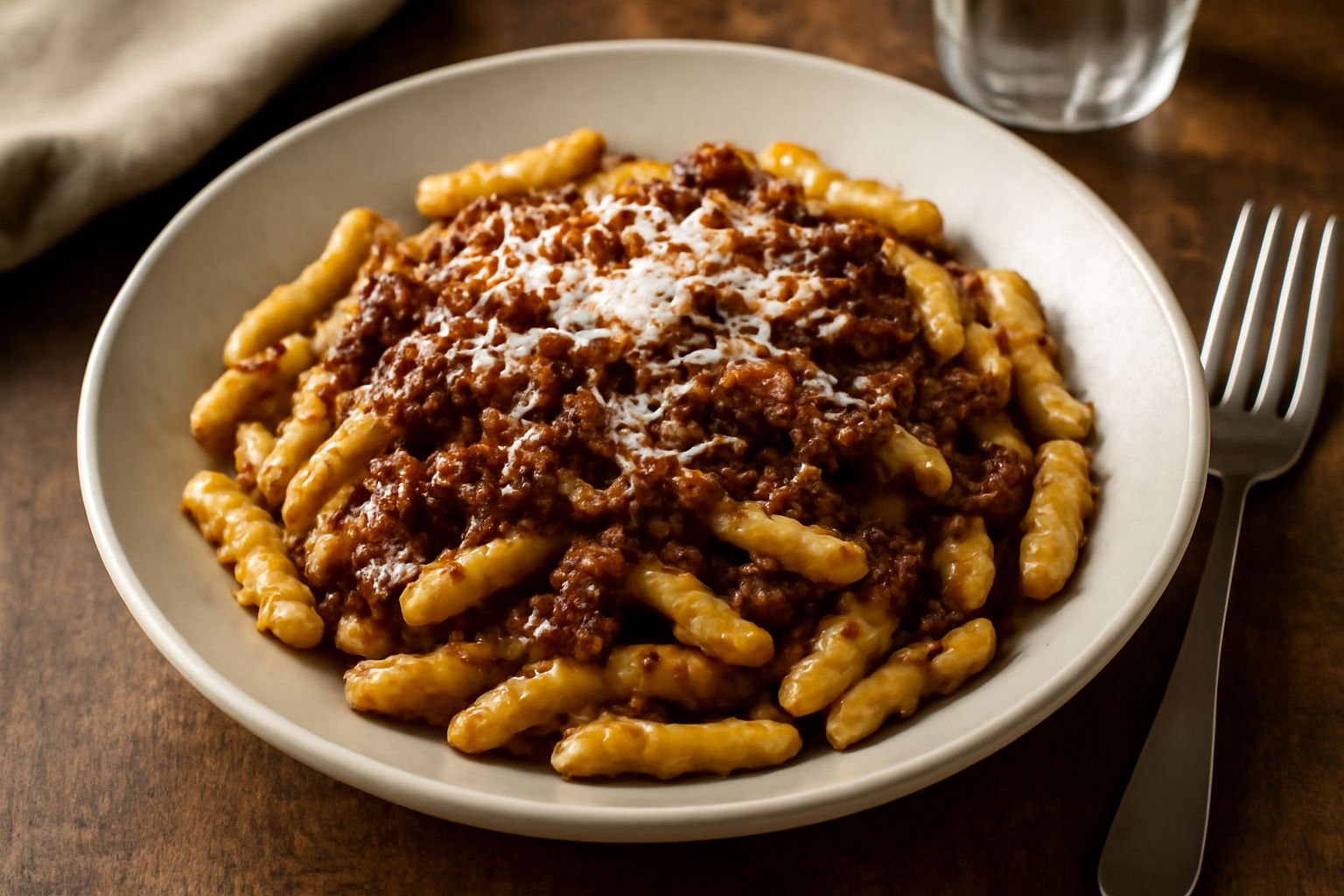 Piatto di cavatelli ondulati ricoperti di ragù di carne marrone scuro, parmigiano reggiano grattugiato in superficie, forchetta nel piatto, sfondo bianco