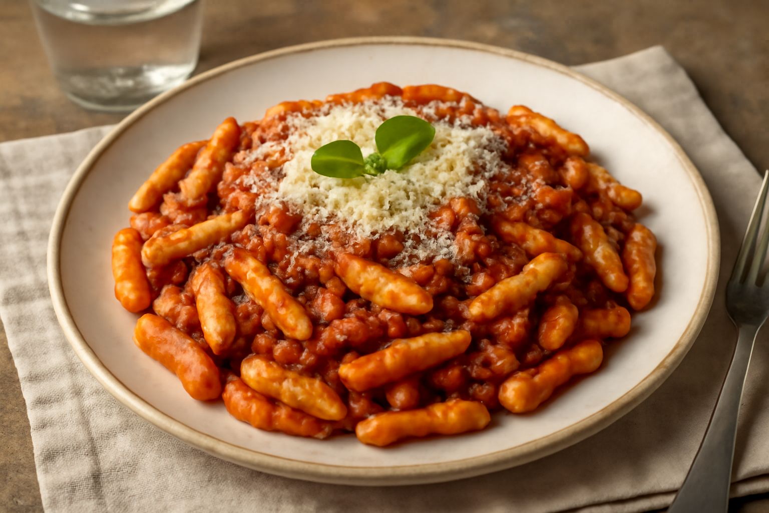 Piatto di cavatelli bianchi ondulati, ricoperti di ragù rosso scuro e denso, cosparsi di parmigiano grattugiato bianco, con basilico fresco verde in cima, servito in piatto bianco fondo