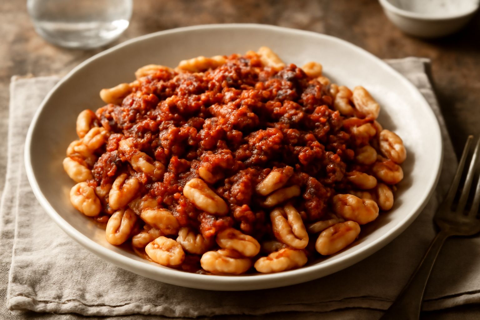 Piatto di cavatelli bianchi ricoperti di ragù rosso scuro di maiale, con parmigiano grattugiato fresco in superficie, cibo vapore leggero, base bianca pulita.
