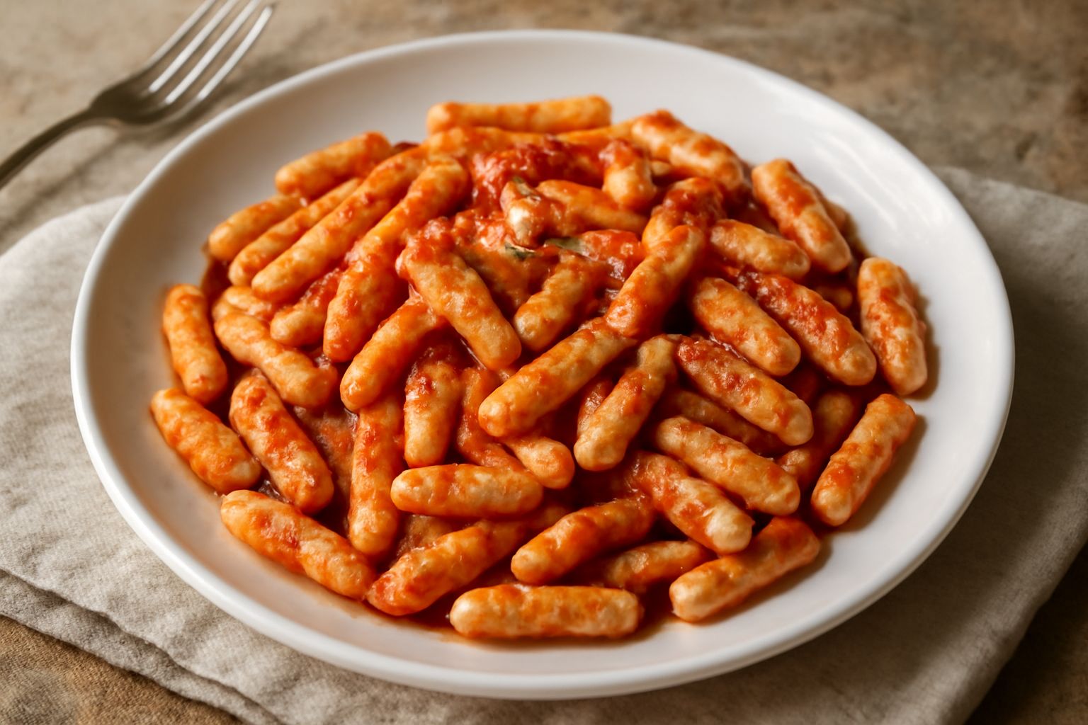Piatto di cavatelli con sugo di pomodoro rosso vivo, olio verde oliva, basilico fresco sopra, serviti in piatto bianco ceramica con bordo leggero sfondo neutro