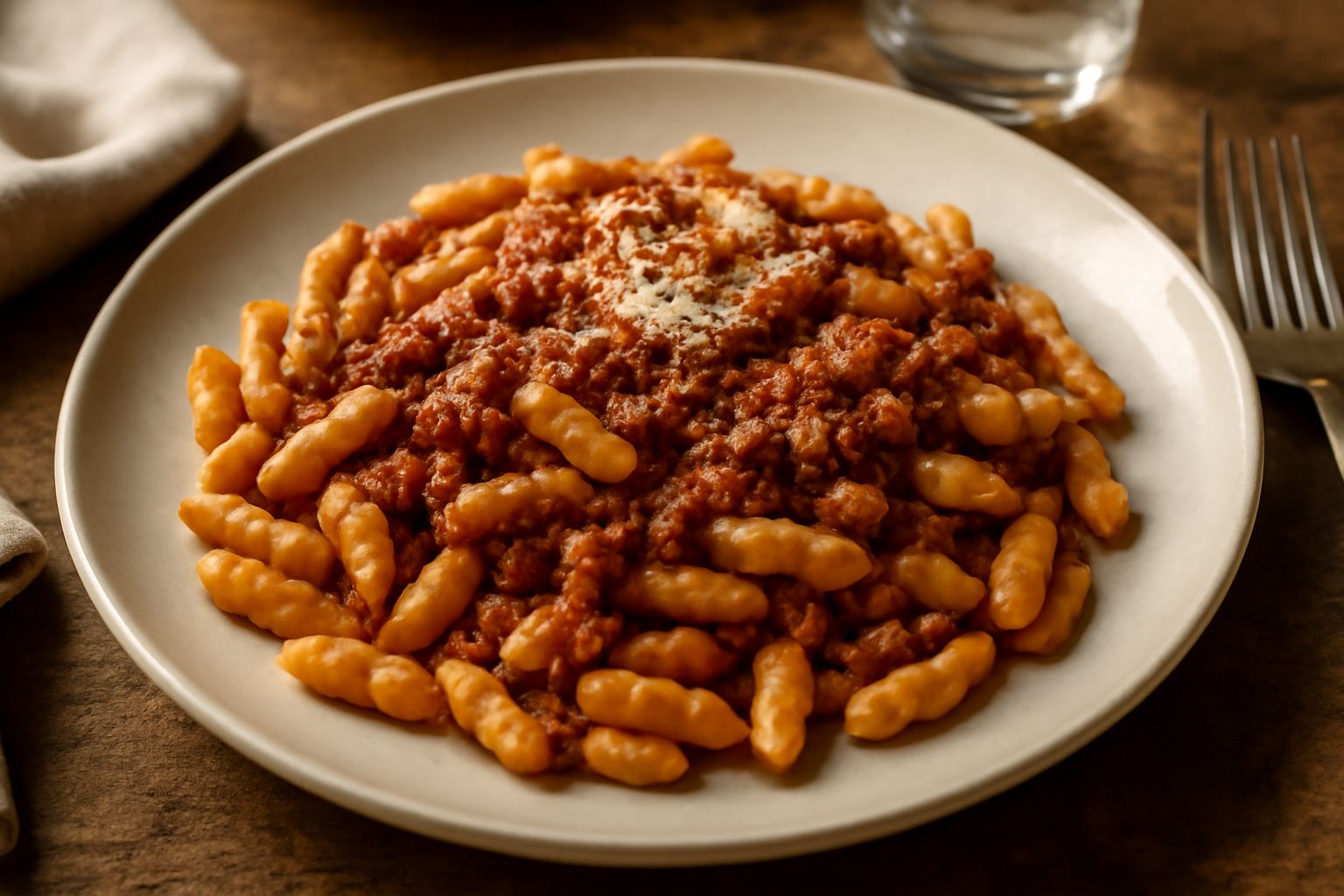 Piatto di cavatelli appena conditi con ragù marrone scuro, formaggio grattugiato in fiocchi bianchi, ragù che avvolge la pasta, servito in un piatto bianco fondo su tavolo di legno naturale