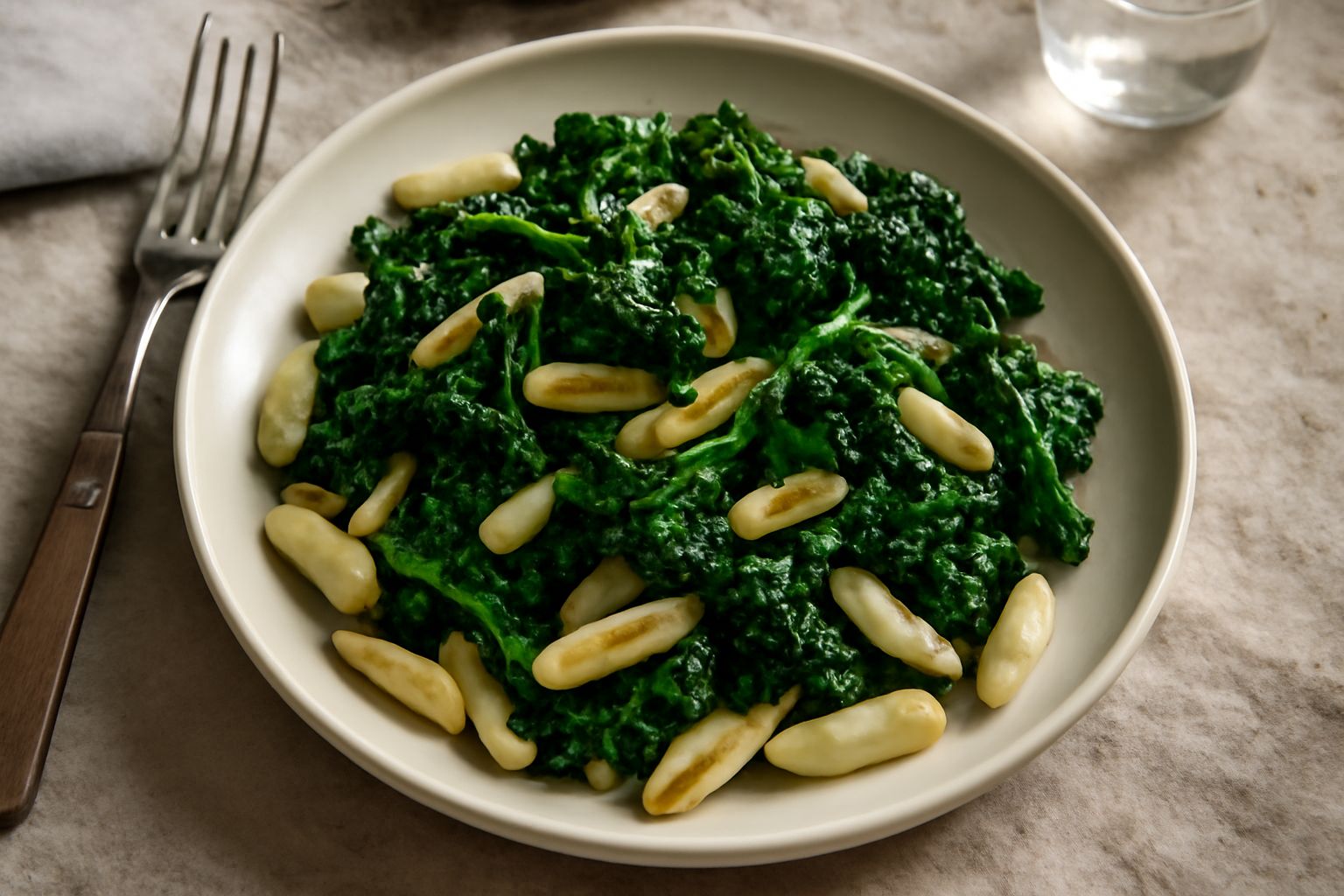 Piatto di cavatelli color giallo-paglierino con broccoli di rapa verde scuro, aglio dorato e olio d'oliva, servito in una ciotola bianca su un tavolo di legno