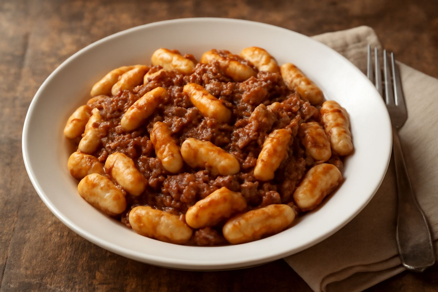 Piatto di cavatieddi biancastri con ragù rosso scuro di carne, guarniti con formaggio grattugiato e prezzemolo fresco, serviti in un piatto fondo bianco