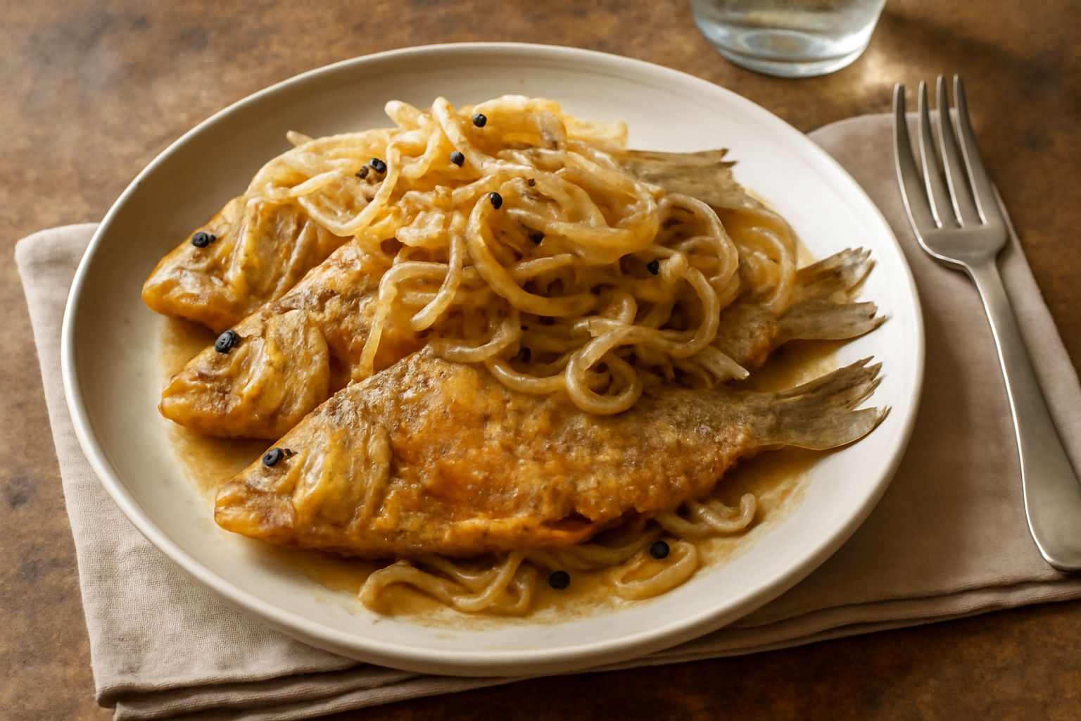 Cavedani interi fritti disposti in un piatto bianco con marinatura di aceto ambrata, cipolla a fette trasparenti, alloro e pepe nero visibile, prezzemolo fresco come guarnizione