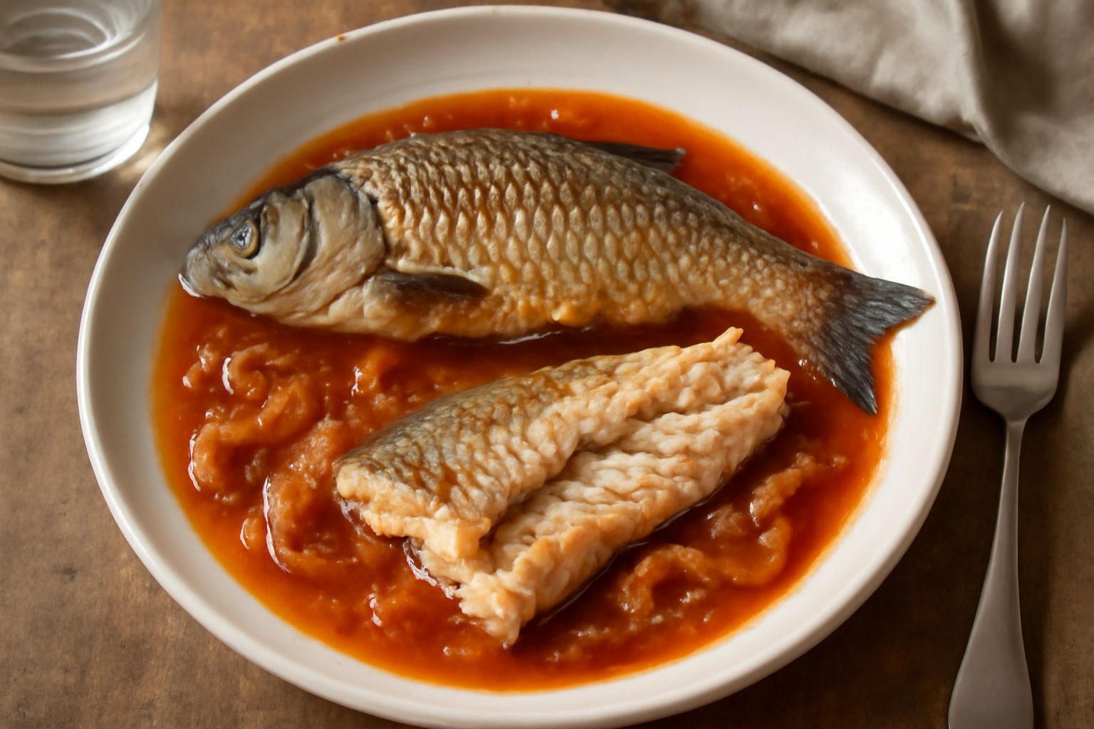 Cavedani interi di colore grigio-argento in un piatto fondo bianco, ricoperti da sugo di pomodoro scuro, cipolla morbida dorata, erbe aromatiche verdi, brodo denso attorno al pesce