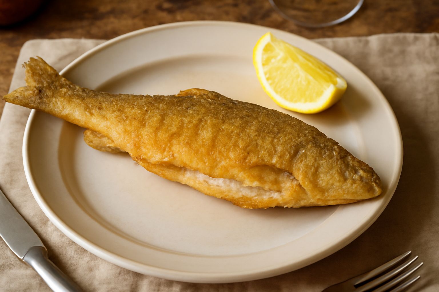 Tre cavedani fritti dorati e croccanti in un piatto bianco, guarniti con fette di limone fresco e prezzemolo verde, su fondo grigio scuro con gocce d'olio