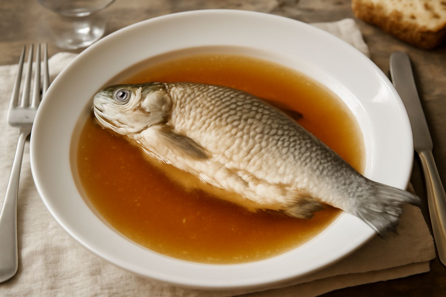 Cavedano intero in brodo chiaro in ciotola bianca, guarnito con prezzemolo fresco e fette di limone, su piatto di lino beige
