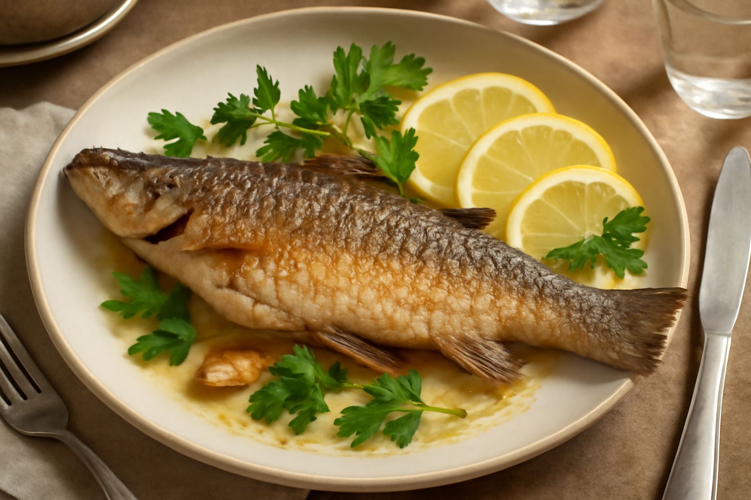 Cavedano intero e dorato in padella con aglio e prezzemolo, buccia croccante, contornato da fette di limone e olio d'oliva, pronto da servire