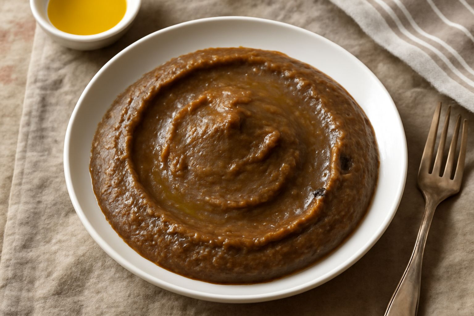 Caviale di melanzana cremoso di colore marrone ambrato in una ciotola bianca, con una leggera traccia di olio d'oliva in superficie e qualche foglia di prezzemolo fresco, accompagnato da pane tostato 