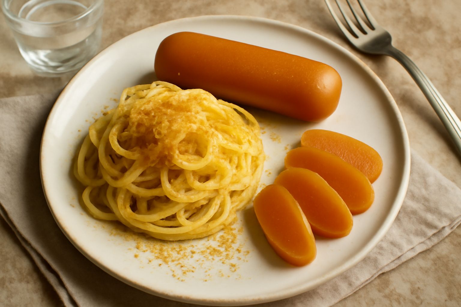 Bottarga di muggine grattugiata su fette di pane tostato e croccante, con gocce di olio d'oliva, colore ambrato dorato, su piatto bianco