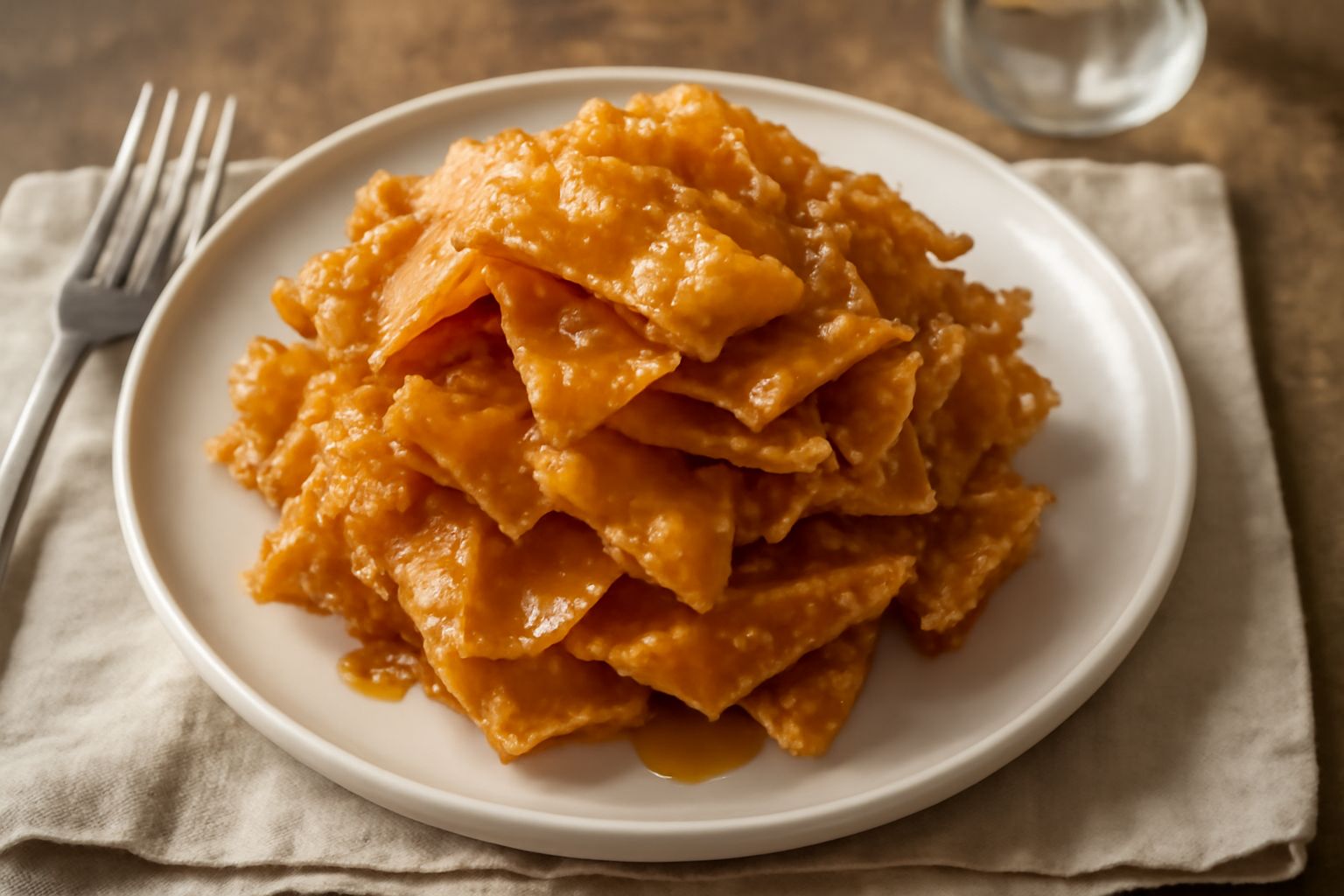 Cavicchiata disposta su piatto bianco, frammenti di pasta sfoglia dorata e croccante ricoperti di miele lucido, spolverata di cannella in polvere, contorni irregolari e spigolosi
