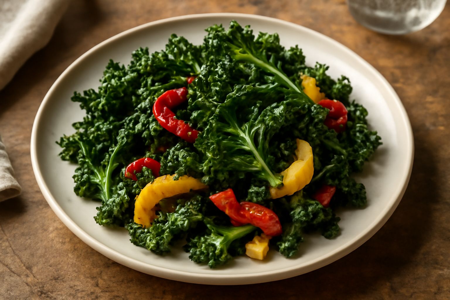 Cavolata ascolana: cavolo riccio verde scuro arrostito con friggitelli rossi e peperoni gialli in una padella di ferro, bordi croccanti e dorati, aglio fresco e olio d'oliva