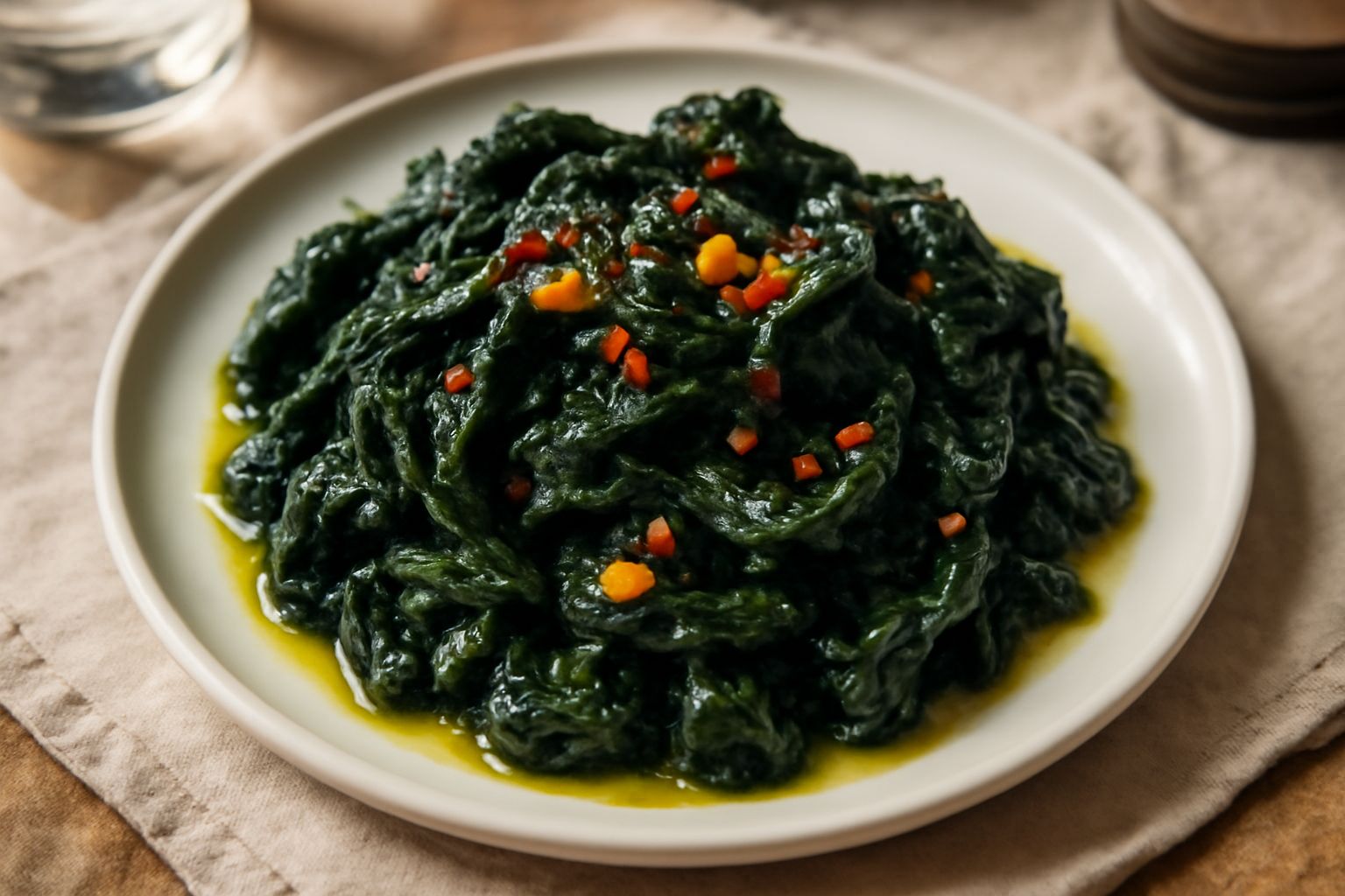 Cavolo nero scuro saltato in padella, con spicchi d'aglio dorate e peperoncino rosso visibile, servito in piatto bianco con alone di olio verde