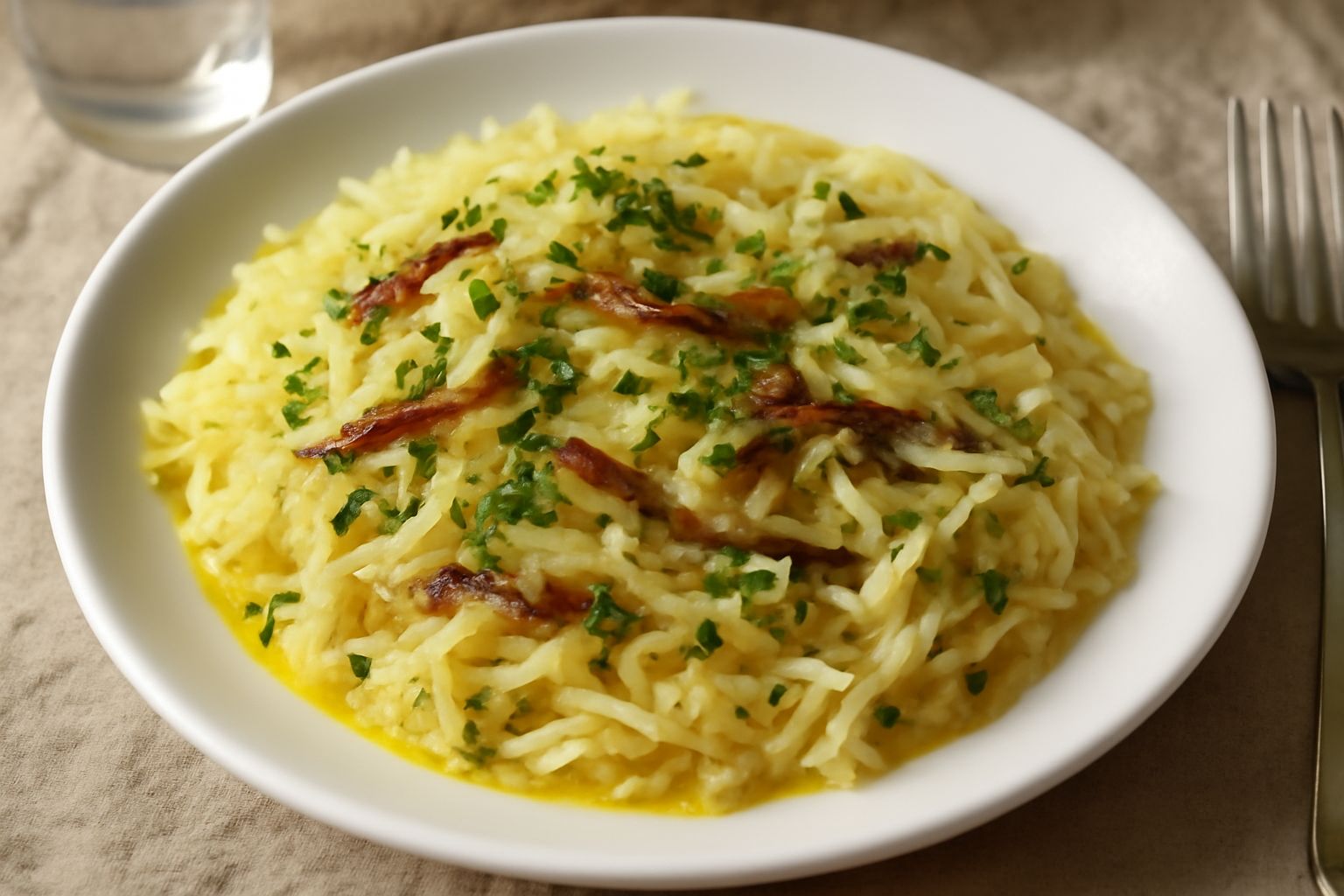 Cavolo bianco tagliato finissimo in piatto bianco, condito con acciughe disciolte in olio dorato, aglio brunito e prezzemolo fresco, aspetto umido e lucido