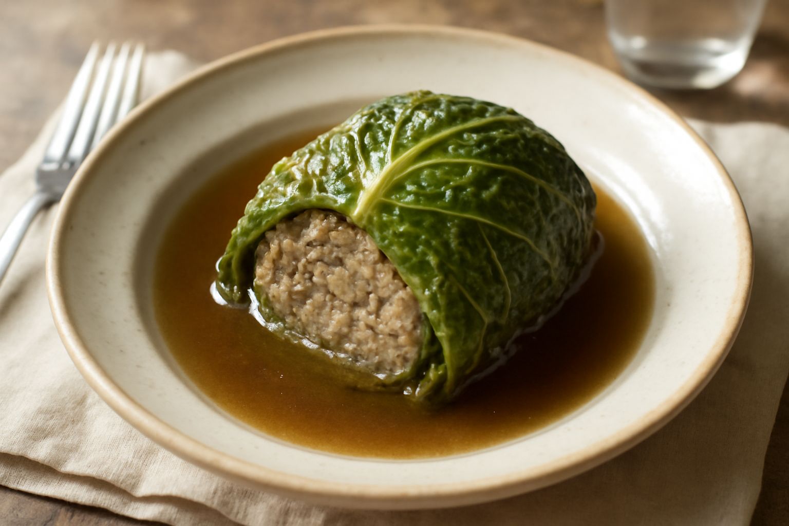 Cavolata di carne nel piatto, foglie di cavolo verde cotte e ammorbidite ripiene di carne macinata, presentate in un brodetto leggero di colore rosso-bruno, contorno di verdure sfumate, guarnizione di