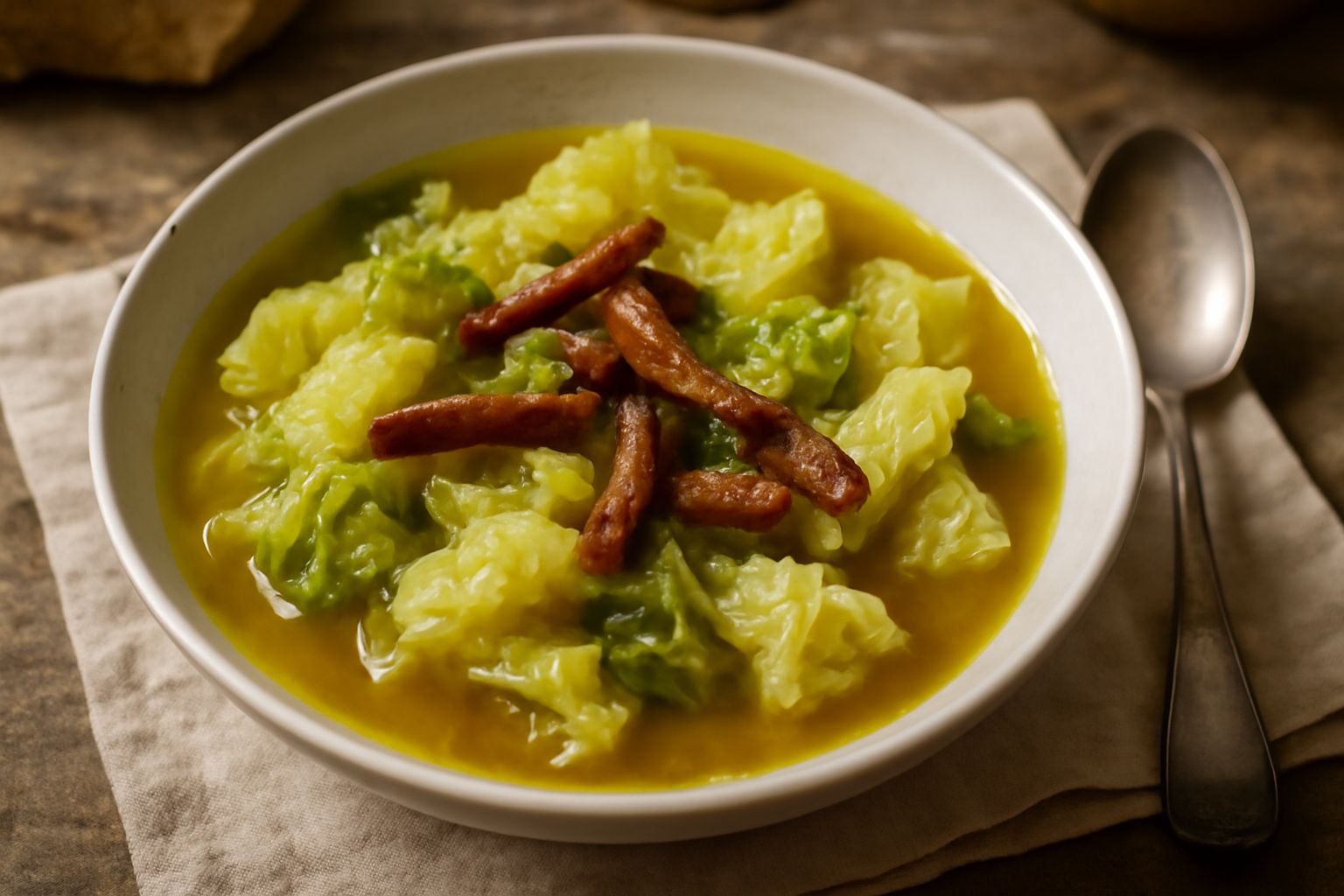 Cavolata di Piacenza in ciotola di terracotta, cavolo savoia bianco e verde a pezzi, pancetta rosolata, brodo caldo trasparente, pane tostato accanto