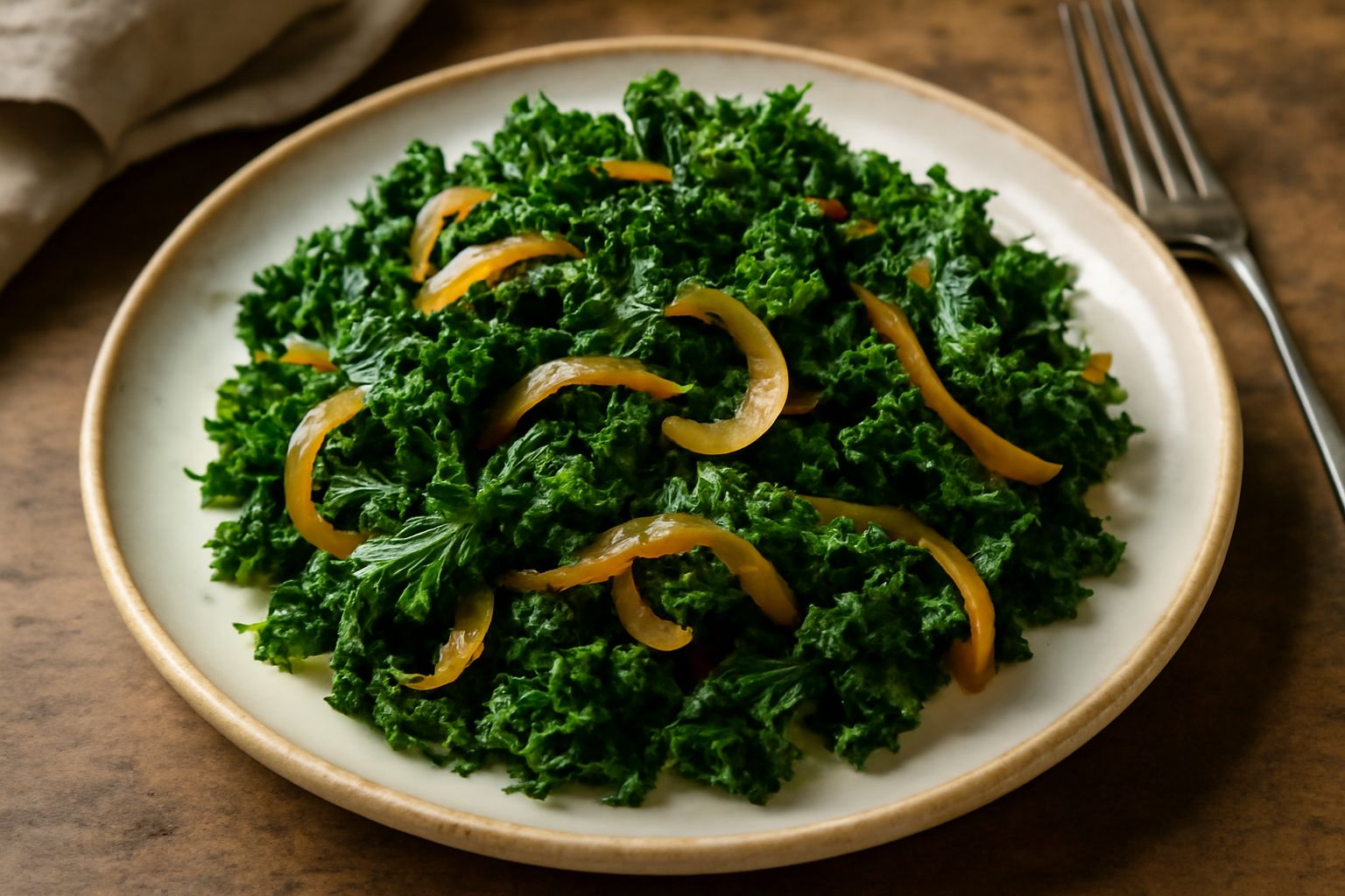 Cavolo riccio verde scuro saltato in padella con cipolla dorata, condimento lucido di olio d'oliva, servito in piatto bianco fondo, fumante, con bordi croccanti ben visibili