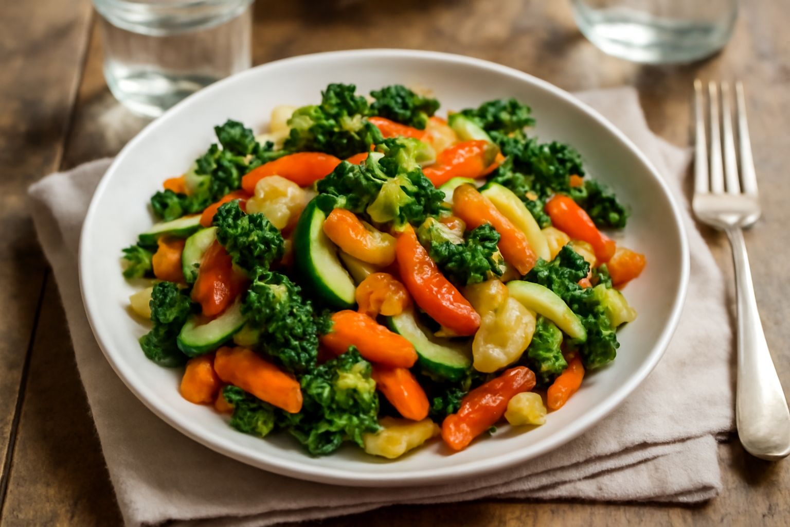 Cavolata di verdure miste servita in un piatto bianco: strisce di cavolo rosso, pezzi di zucchina, carote arancioni, peperoni colorati e cipolla, ancora croccanti e saporiti, conditi con olio lucido