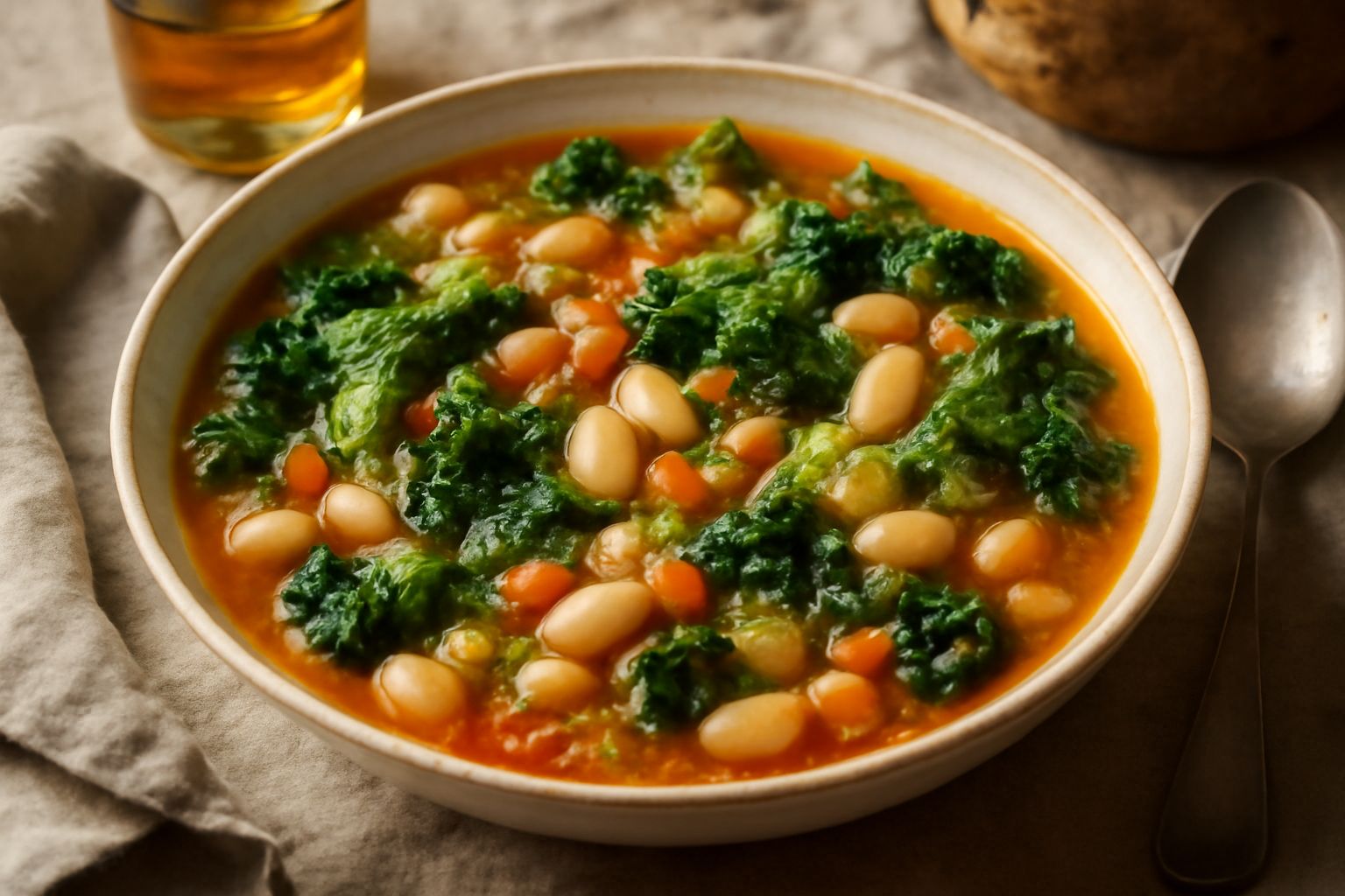 Una ciotola di terracotta bianca contiene una zuppa densa di cavolo verde scuro tagliato a pezzi, fagioli beige e marroni, pomodori rossi, carote arancioni e sedano; un filo d'olio verde sulla superfi