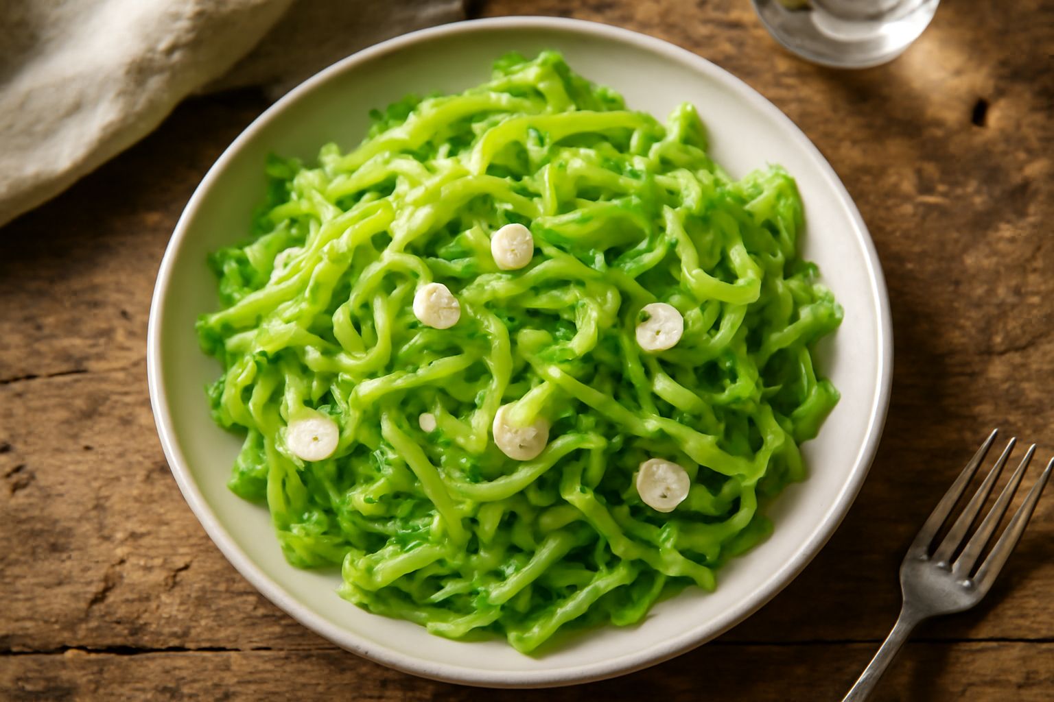 Cavolata fredda in ciotola bianca con strisce sottili di cavolo verde brillante, olio lucido, aglio bianco affettato finemente e peperoncino rosso distribuito in superficie