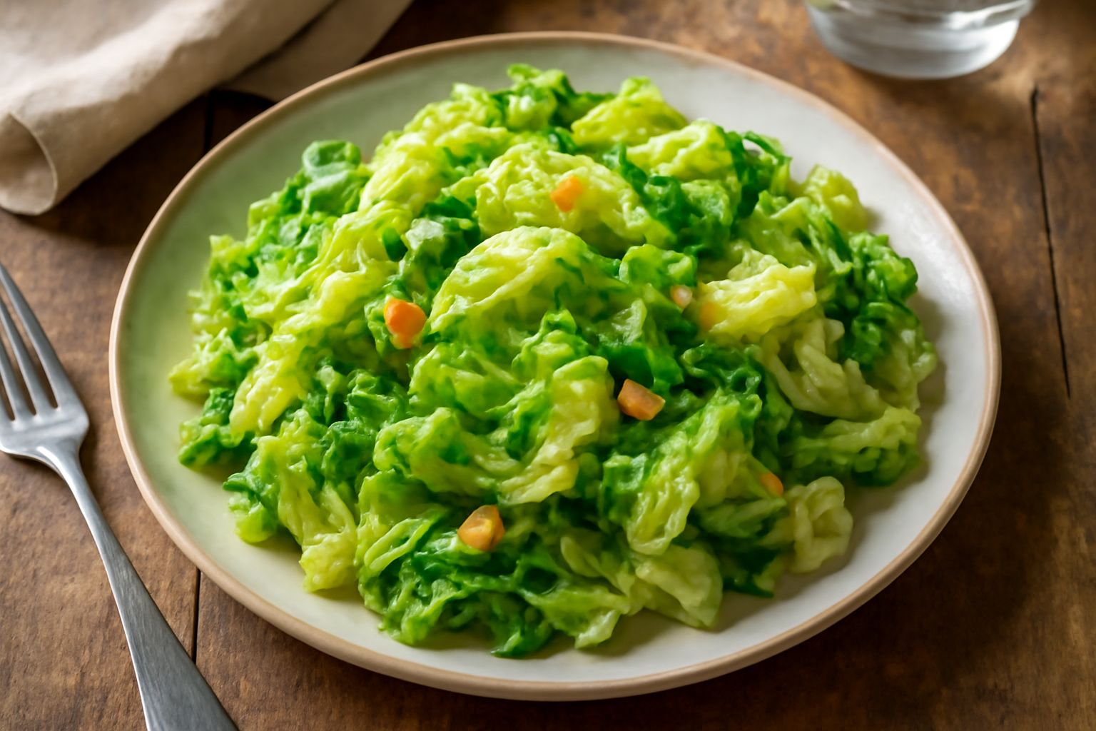 Cavolo verde tagliato a strisce larghe, rossolato in padella con aglio dorato e olio, vapore leggero che sale dal pentolame