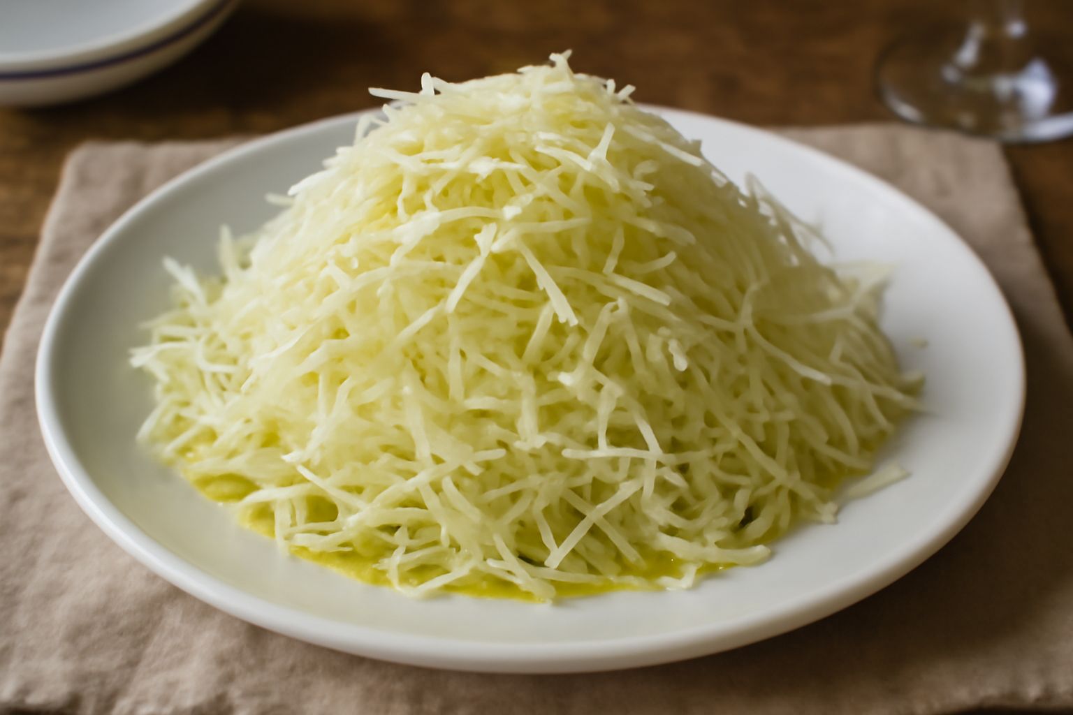 Insalata di cavolo finemente affettato, colore bianco avorio con riflessi verdastri, condito con olio d'oliva lucido, bucce di limone giallo e qualche grano di sale grosso visibile sulla superficie