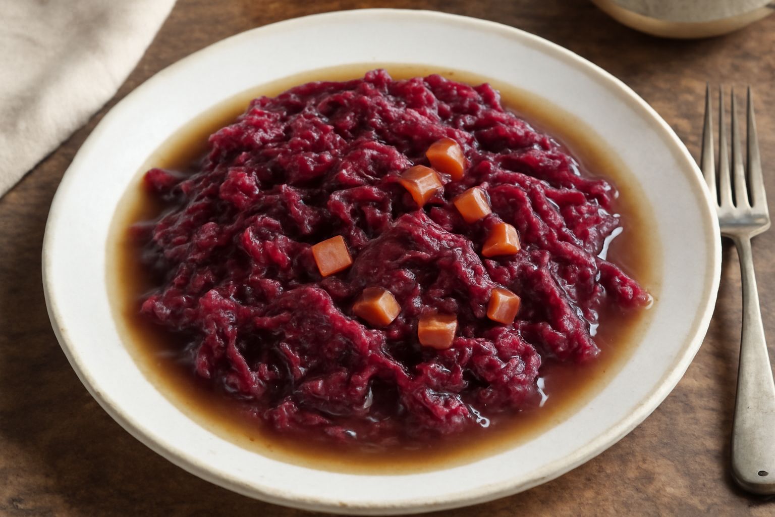 Cavolata marchigiana servita in un piatto bianco: strisce di cavolo verza rosso-bordeaux morbido, con cubetti visibili di pancetta dorata, sopra una base di brodo translucido