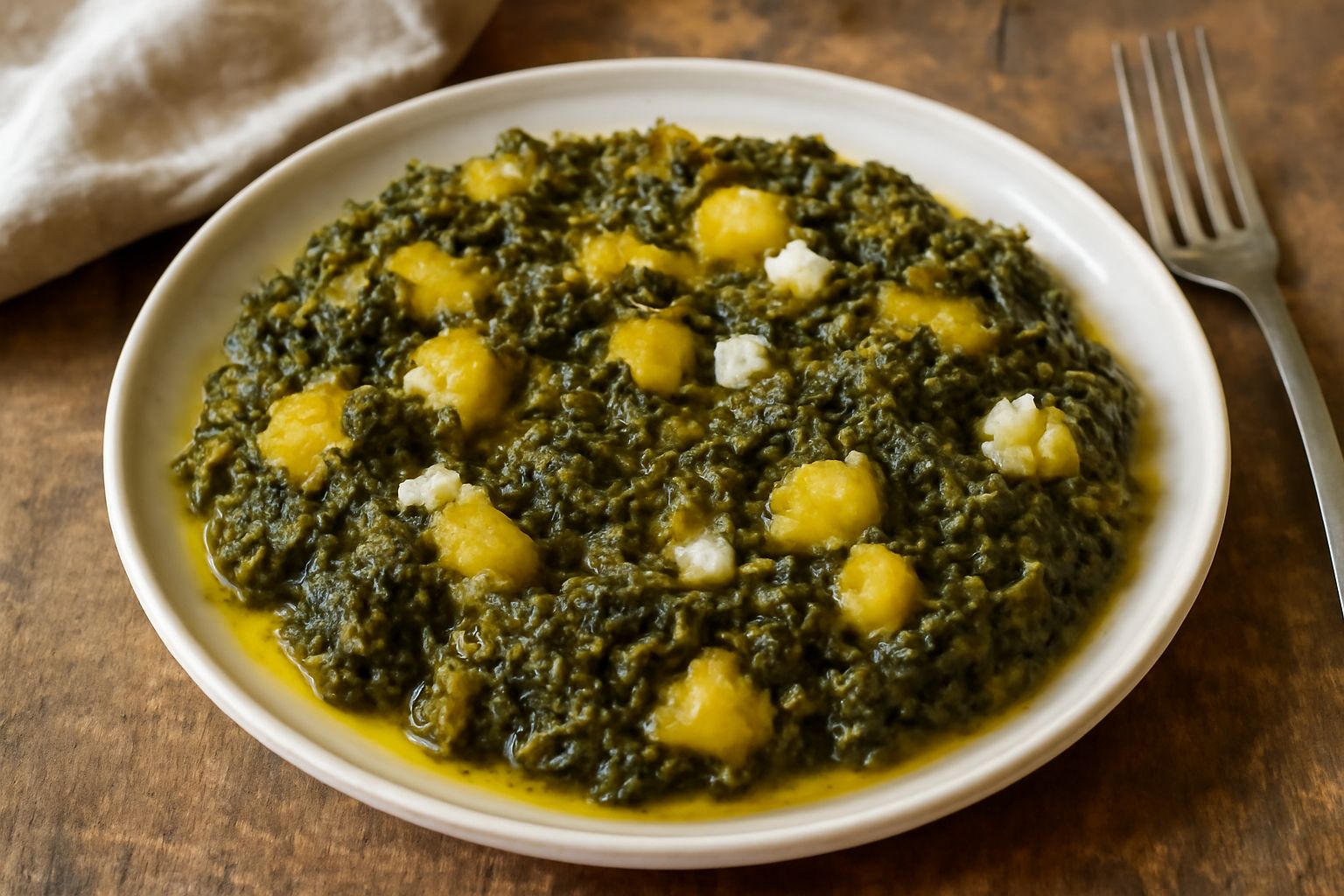 Cavolata sorrentina in piatto bianco: cavolo riccio verde scuro e patate gialle cotte insieme, pezzi morbidi e leggermente dorati, oliva verde in superficie, contorno bianco del piatto in vista