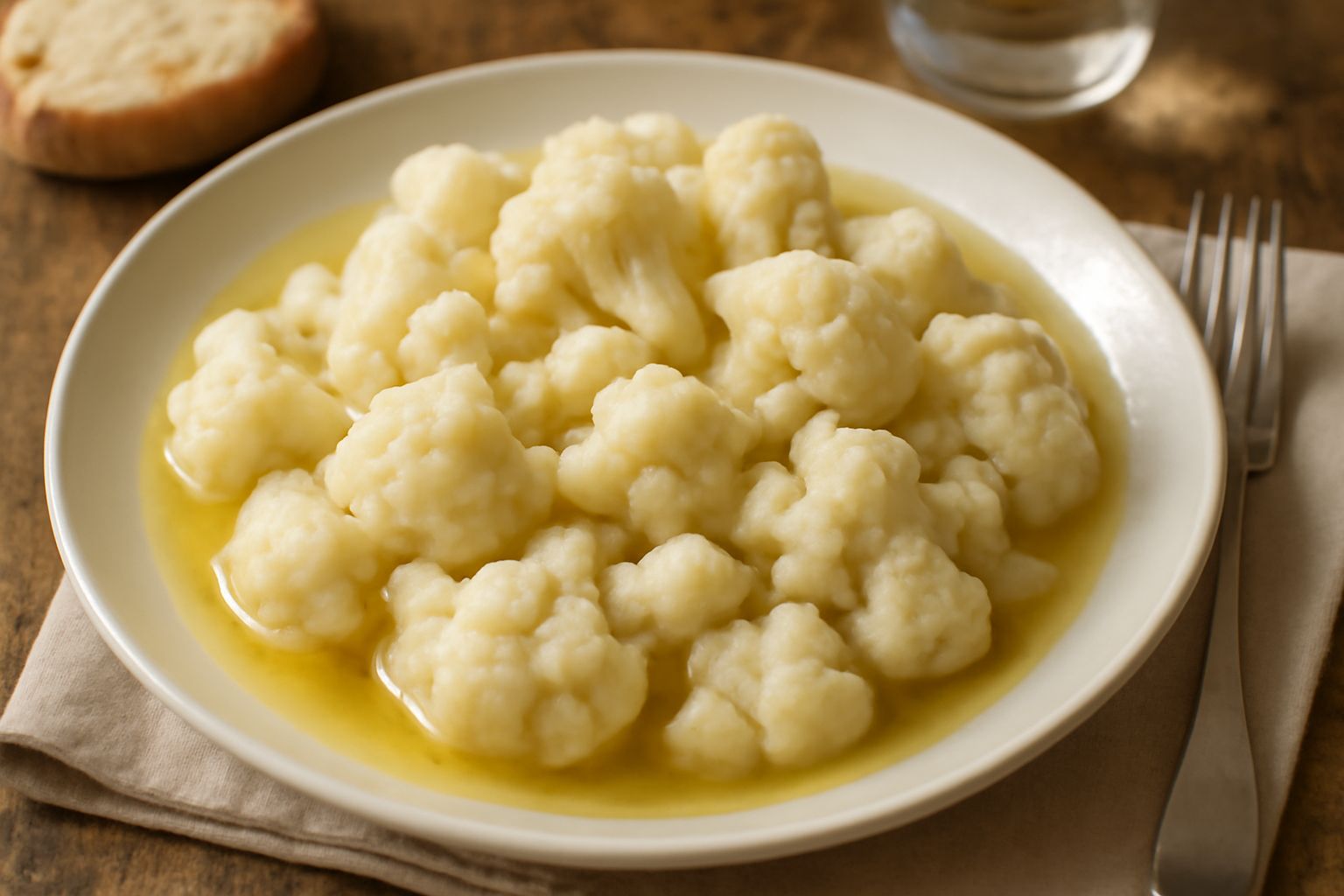 Cavolfiore bianco cotto in padella, pezzi morbidi e uniformi immersi in brodo chiaro con gocce d'olio dorato, aglio e prezzemolo tritato fresco in superficie
