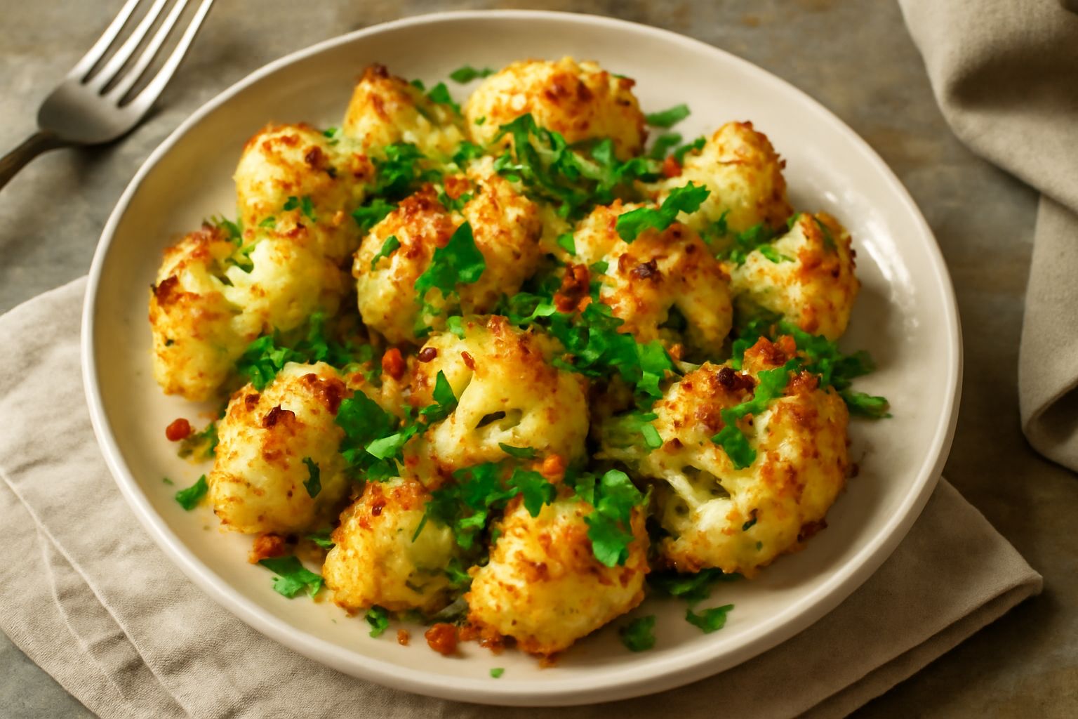Rosette di cavolfiore dorate e croccanti in una padella di ferro, con aglio affettato, peperoncino rosso e prezzemolo fresco sparsi sopra, condite con olio d'oliva