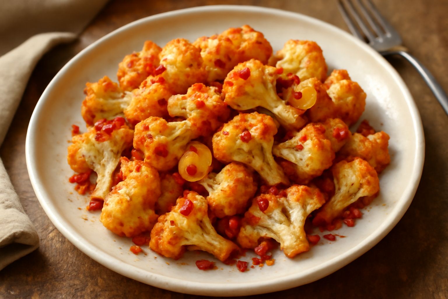 Cavolfiore fritto in una ciotola di ceramica smaltata, rosette dorate e croccanti cosparse di aglio affettato e peperoncino rosso, olio lucido, fondo bianco