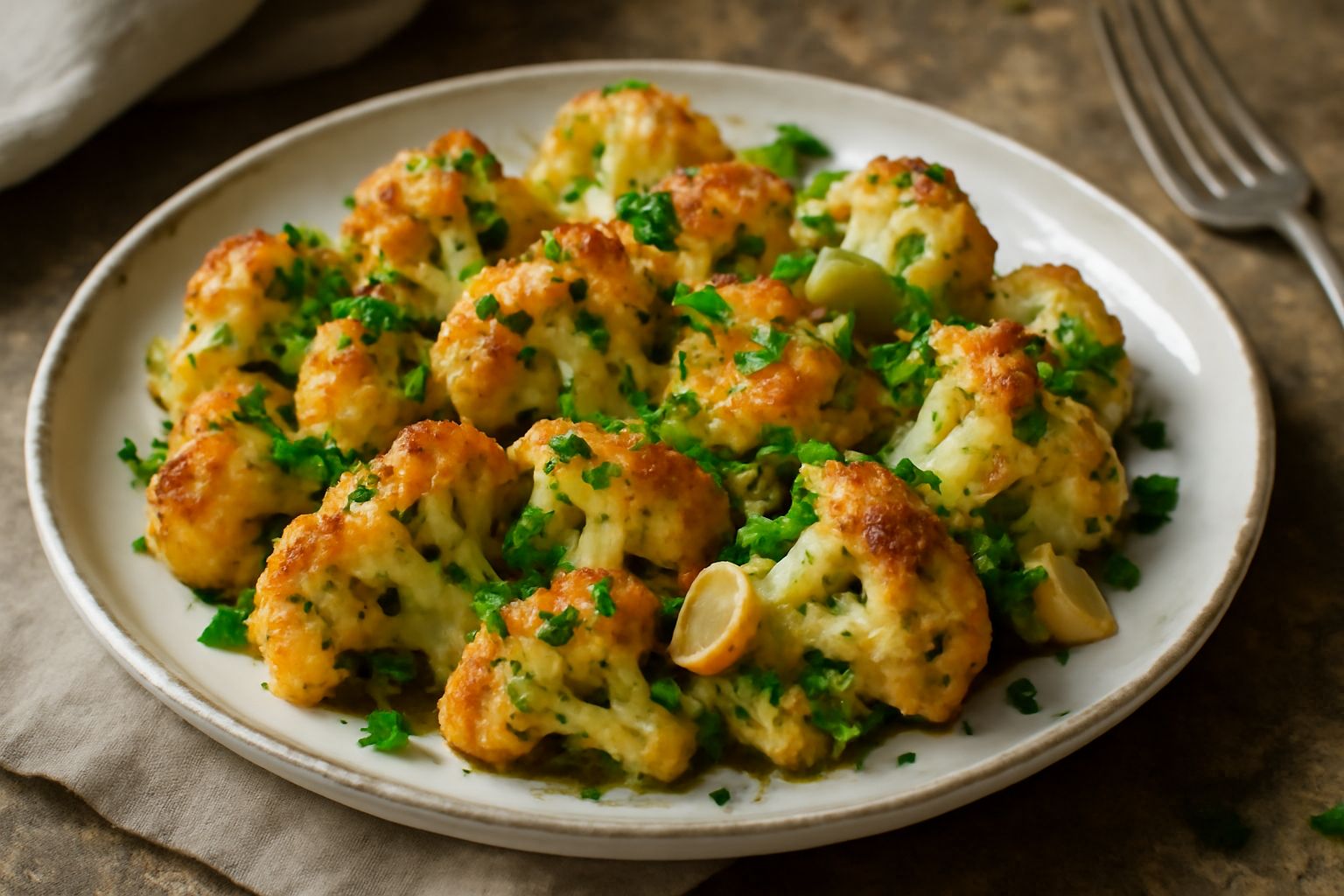 Piatto di cavolfiore alla lecchese con rosette dorate e croccanti cosparse di prezzemolo verde e spicchi di aglio, servito su un piatto bianco con sfondo neutro