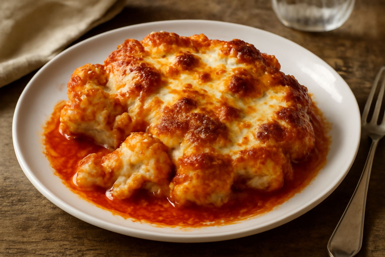 Cavolfiore alla parmigiana dorato in teglia di ceramica, con mozzarella filante e superficie croccante dorata, circondata da pomodori rossi freschi e basilico verde