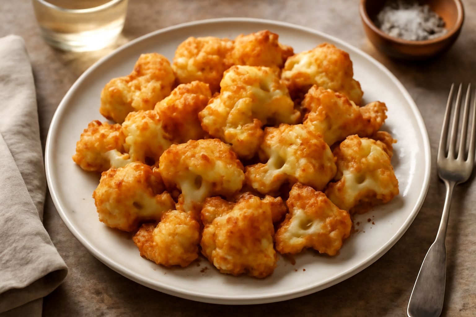 Rosette di cavolfiore dorate e croccanti su carta assorbente bianca, ancora fumanti, con uno spicchio di limone giallo accanto