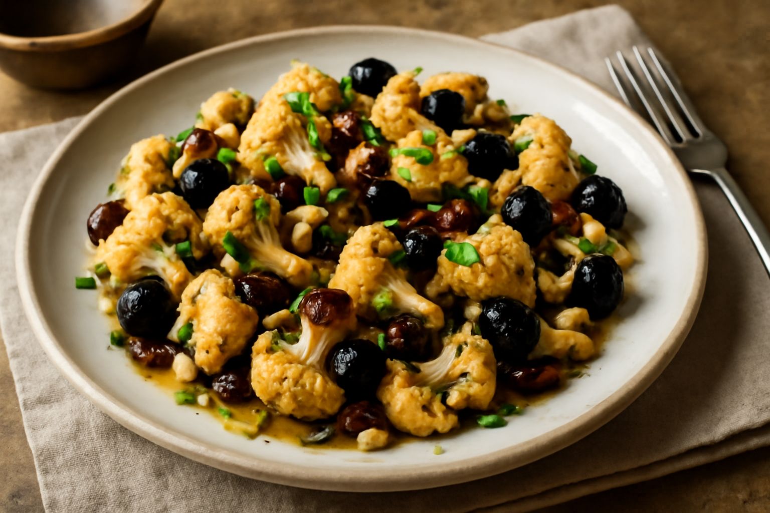 Cavolfiore in umido color giallo dorato con uvetta nera, pinoli dorati e olive nere sparse in un piatto bianco, olio lucido sulla superficie, prezzemolo fresco tritato