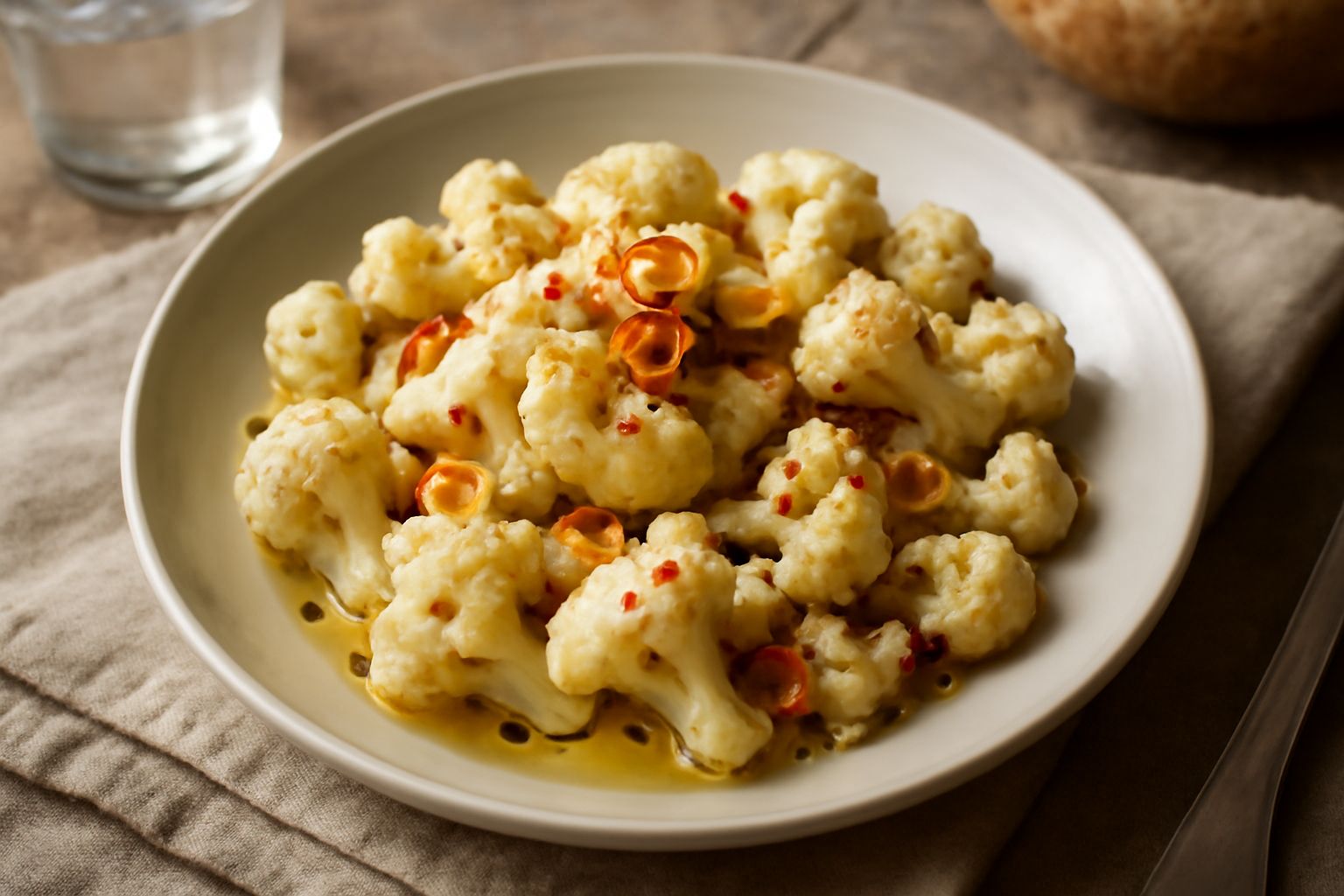 Cavolfiore tagliato a piccoli pezzi dorato in padella, aglio croccante e leggermente brunito, olio evo lucido, peperoncino rosso sparso, prezzemolo fresco sopra, piatto bianco con contorno sfocato
