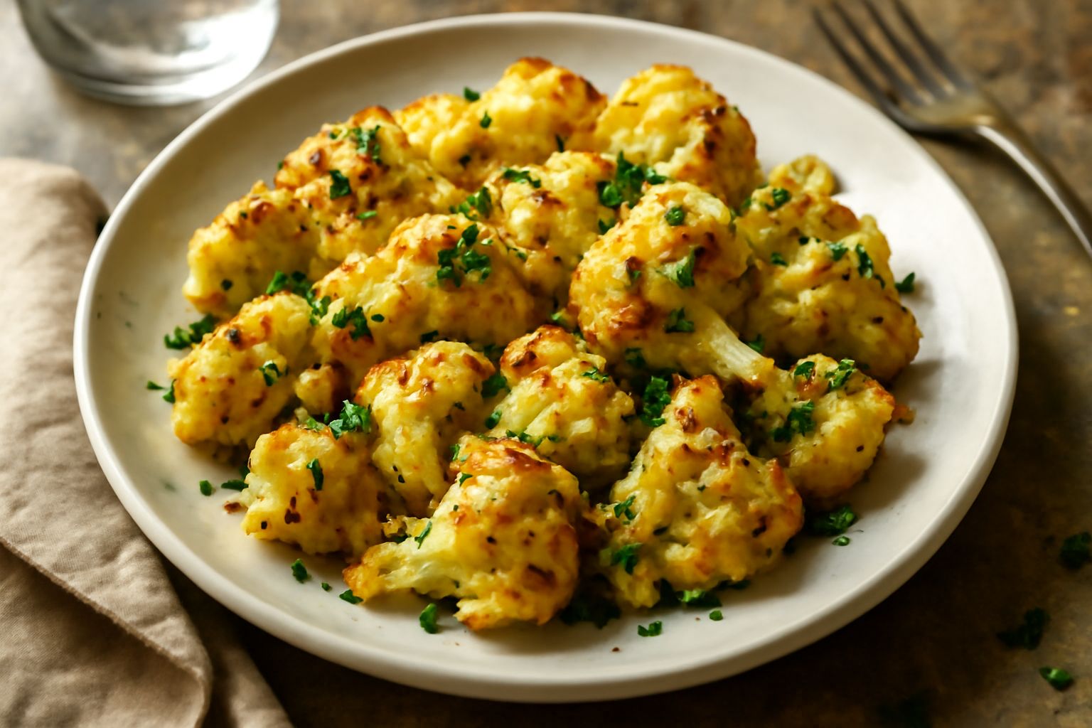 Cavolfiore arriminato dorato in un piatto bianco, rosoni croccanti di cavolfiore fritto ricoperti di aglio e prezzemolo verde, accompagnato da spruzzi di aceto