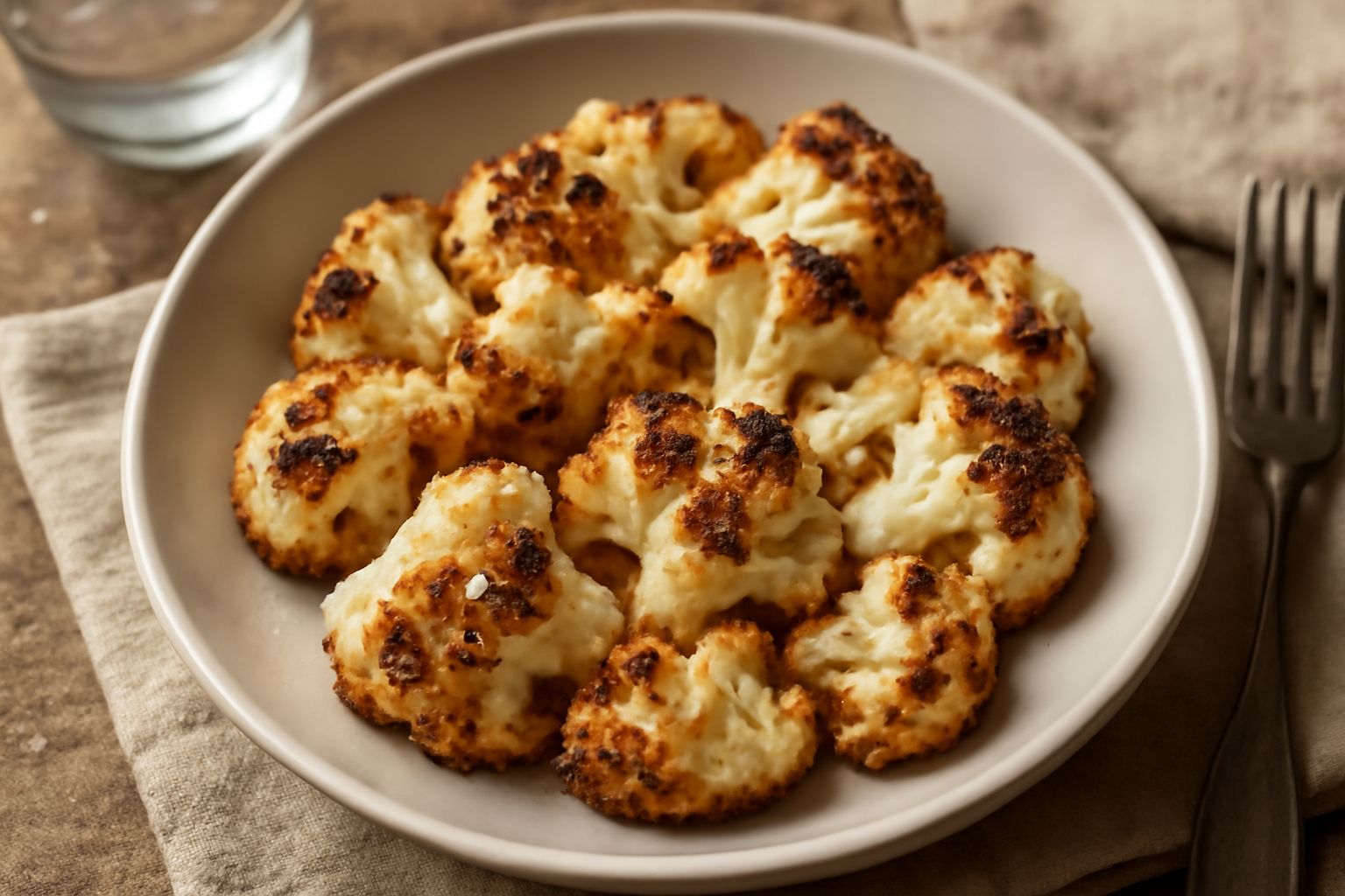 Cavolfiore arrostito disposto su un piatto bianco, con le cimette caramellate dorate ai bordi, vapor leggero ancora visibile, olio d'oliva brillante sulla superficie, coriandoli di sale grosso in vist