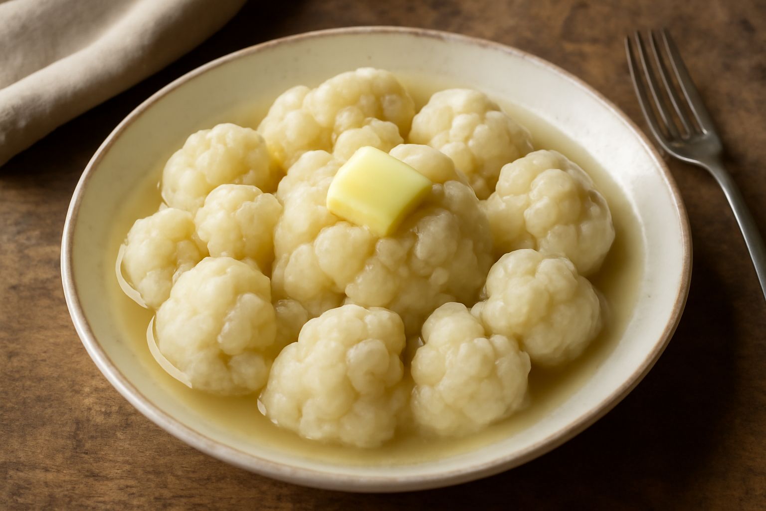Cavolfiore bollito bianco e cremoso servito in un piatto fondo di ceramica bianca, con gocce d'acqua ancora brillanti sui florets, accompagnato da una noce di burro e pepe nero macinato al momento