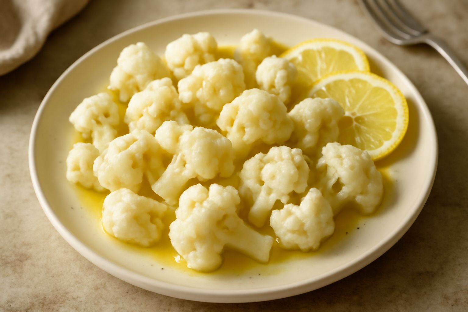 Cavolfiore bollito bianco crema, diviso in cimette su piatto bianco, condito con gocce di olio dorato e fettine sottili di limone fresco, con prezzemolo verde in superficie