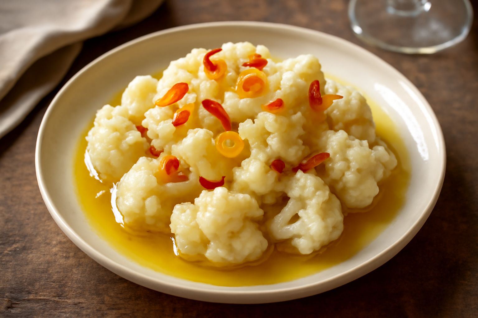 Cavolfiore bianco e giallo in un piatto fondo, cosparso di aglio affettato, gocce di olio verde brillante, filetti rossi di peperoncino fresco, vapore leggero ancora visibile