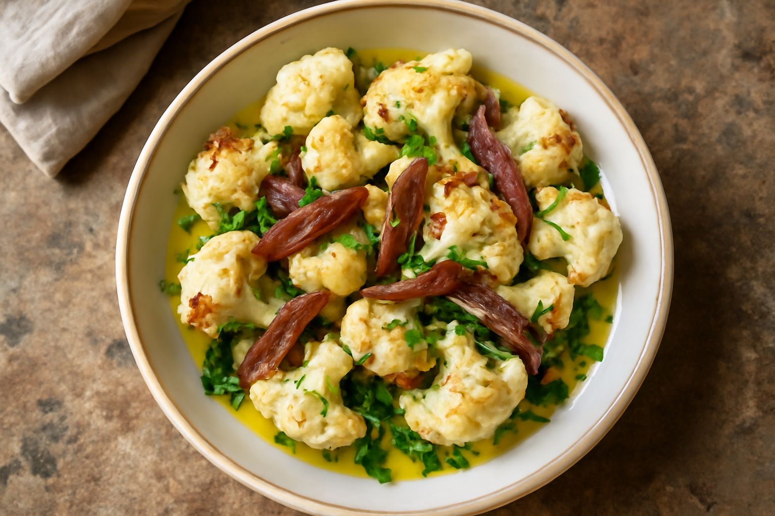 Cavolfiore in padella con filetti di acciuga e aglio, olio dorato che luccica sui fiori bianchi e gialli, prezzemolo fresco verde su fondo scuro