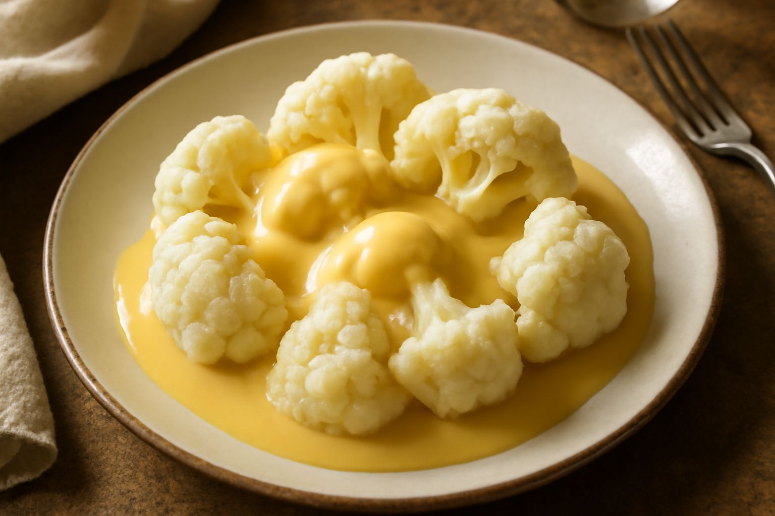 Cavolfiore bianco diviso in cimette crude su un piatto bianco, ricoperto parzialmente di salsa densa e cremosa color giallo avorio, con gocce di maionese intorno, accompagnato da fette di limone sul b