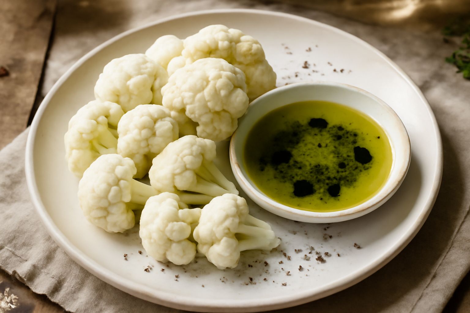 Piatto bianco con rosette di cavolfiore crudo di colore bianco latteo, circondate da una ciotola di vetro contenente olio verde smeraldo con limone e aceto, fondo sfumato grigio