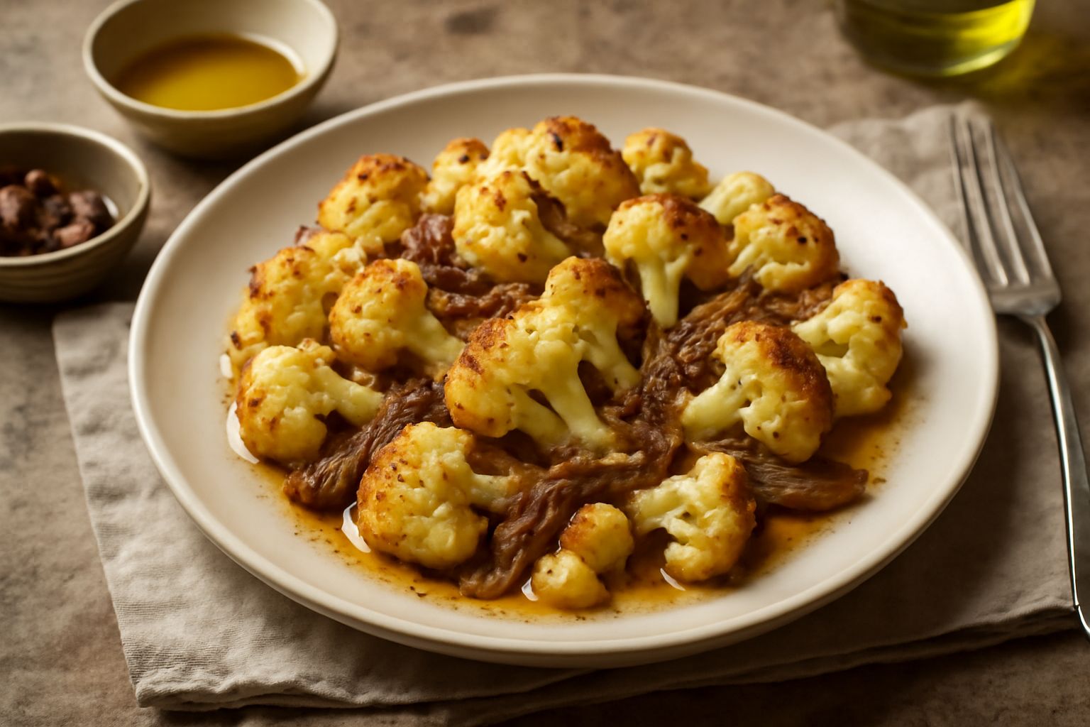 Cimette di cavolfiore dorate e croccanti in una padella, condite con filetti d'alici scure e lucide, olio d'oliva, con prezzemolo fresco sparso sopra e aglio in sottofondo