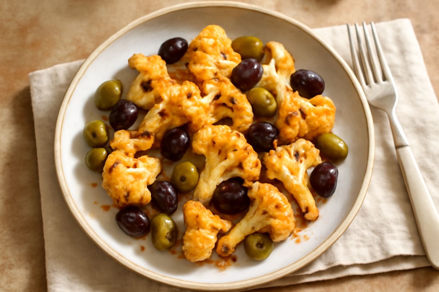 Cavolfiore dorato in padella con olive nere e verdi miste, aglio intero, peperoncino fresco in superficie, olio lucido, sfondo bianco