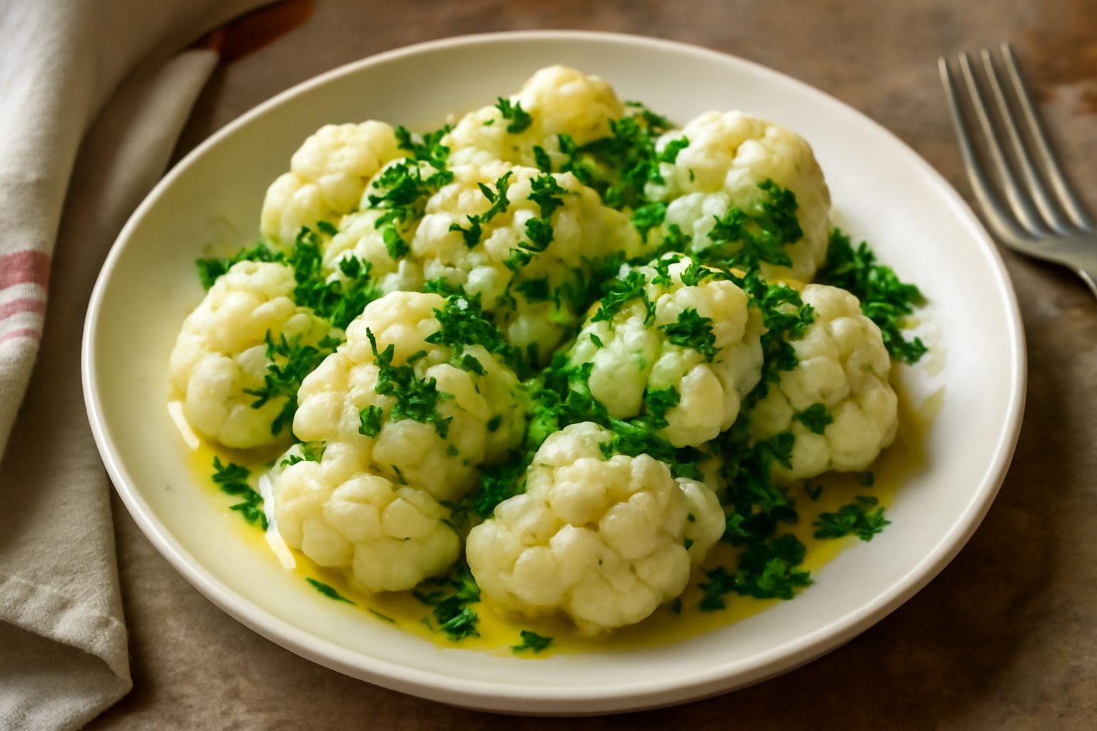 Cavolfiore freddo tagliato a cimette su un piatto bianco, condito con olio giallo e prezzemolo verde, con spicchi d'aglio a lato